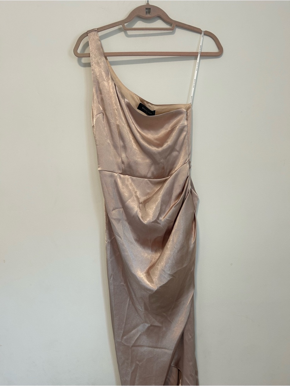 White Fox Boutique One-Shoulder Satin Dress in Blush